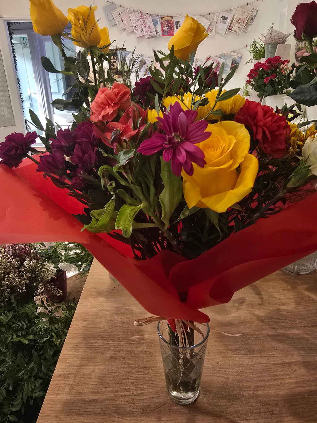 Sunshine & Ruby – Bright Mixed Flower Bouquet
