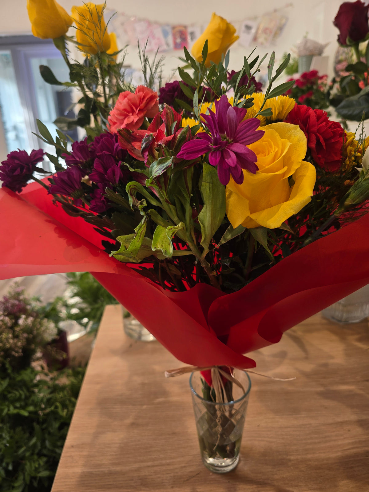 Sunshine & Ruby – Bright Mixed Flower Bouquet
