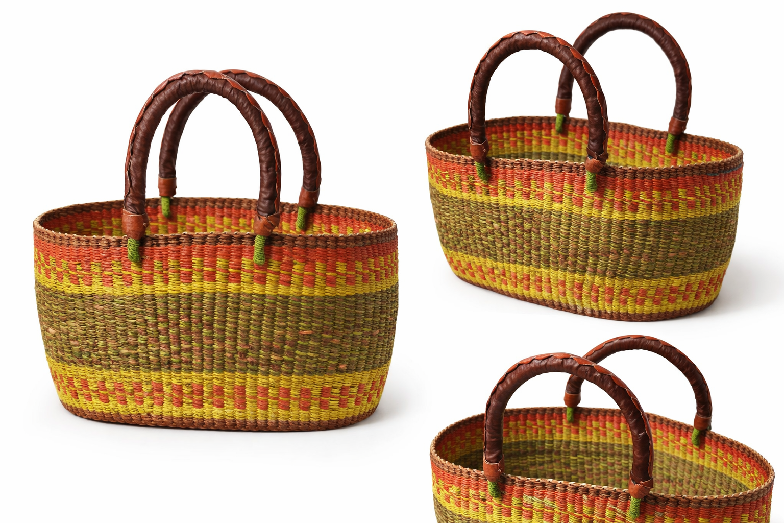 Handwoven African Basket with Leather Handles